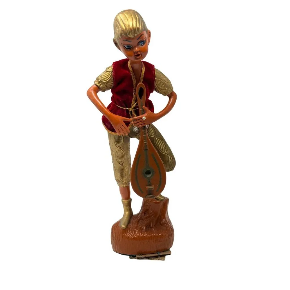 Vtg Tilso? Elf Figurines Set of 2 Musicians Velvet Vests Japan Mid Century Pixie
